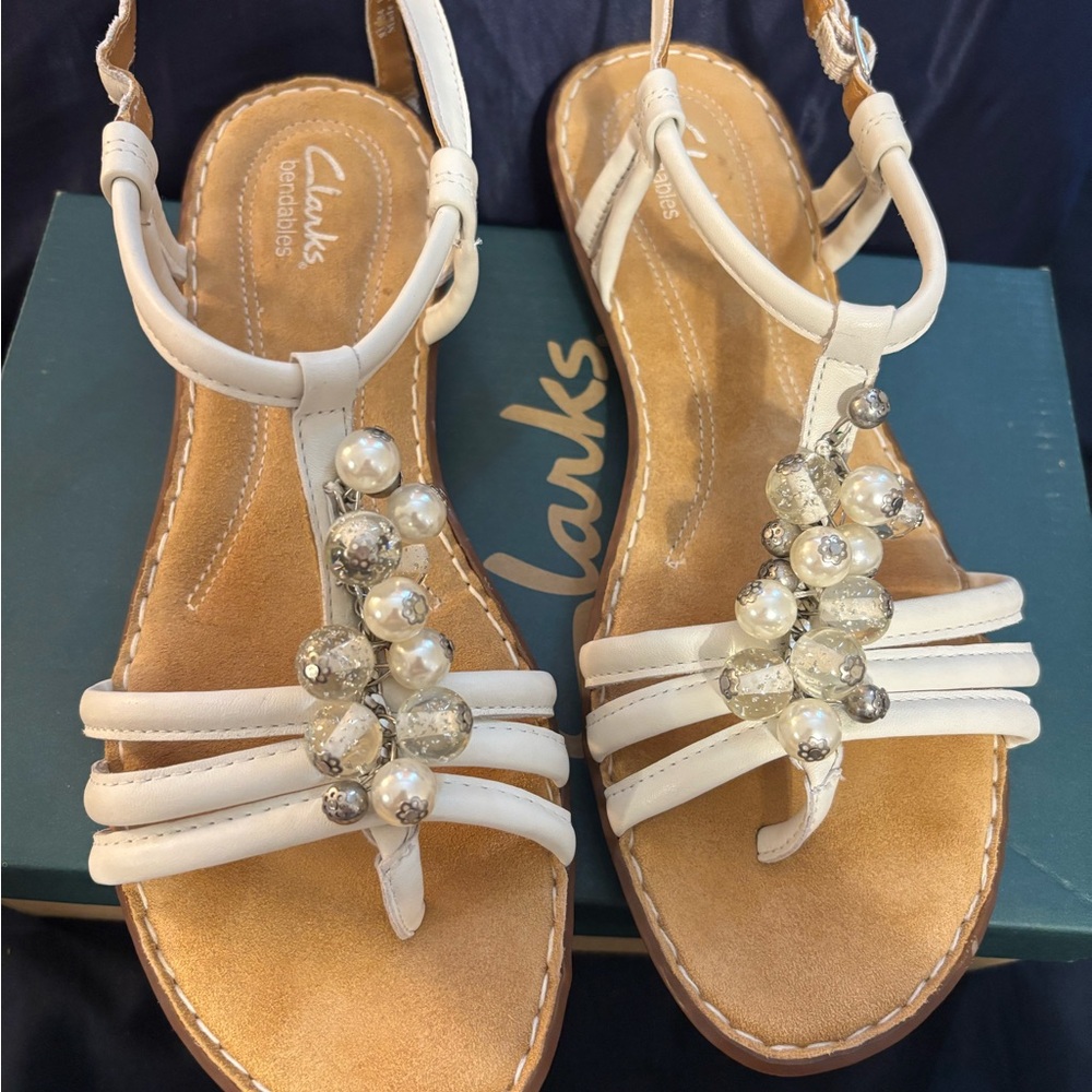 Clarks White T-Strap Pearl & Metallic Bead Sandals